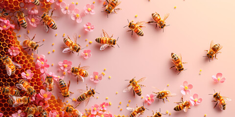 A group of bees are flying around a pink flower