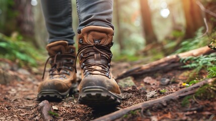 Hiker Wearing Boots Walking Through Forest