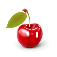 A photo of a cherry with a stem and a leaf. The cherry is red and shiny. The leaf is green and has a serrated edge. The cherry is in focus and the background is white.
