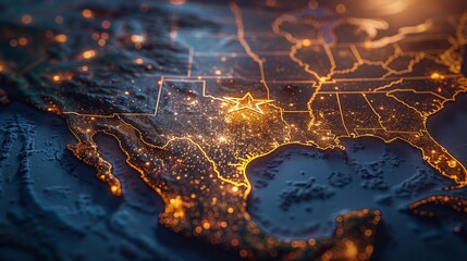 America map with Dallas star shining bright, urban heart of Texas