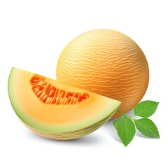 Photo of a cantaloupe melon, also known as a rock melon. It is a sweet, juicy fruit with a hard outer rind and a soft, orange flesh.