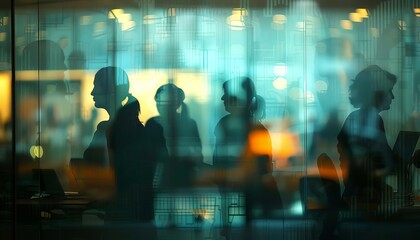 An office scene through frosted glass, silhouettes of people working and conversing, adding mystery to everyday life