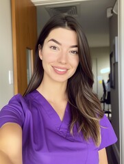 Woman in Purple Shirt Taking Selfie