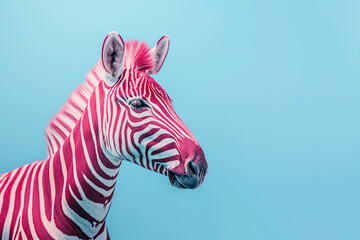 head of a psychedelic pink striped zebra isolated on a blue background, portrait shot