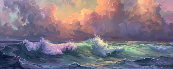 An oil painting of waves rolling under a stormy sky, with each crest reflecting a different color