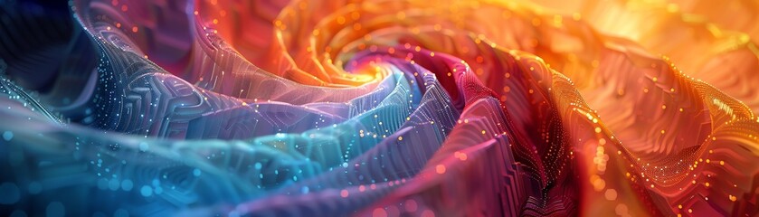 3D pixelated vortex in warm colors, macro view, with glowing edges, vibrant digital tapestry