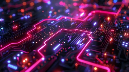 Obraz premium 3D roadmap weaving through neon circuitry, birdseye, glowing nodes, digital innovation theme