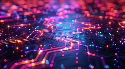 3D roadmap weaving through neon circuitry, birdseye, glowing nodes, digital innovation theme