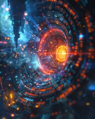 Obraz premium AI cyber core glowing, surrounded by digital code streams, lowangle, futuristic scifi ambiance