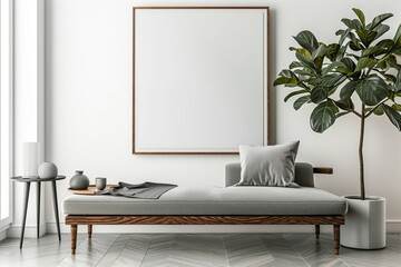 In a modern living room adorned with mid-century design elements, a sleek art poster frame hangs above a gray bench against a pristine white wall, adding a touch of sophistication to the space