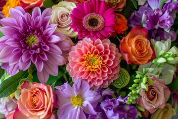 A detailed still life capturing the beauty and vibrancy of a mixed flower bouquet, with an array of vivid colors elegantly arranged to create a captivating display