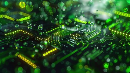 Obraz premium Green energy circuits, closeup, with flowing digital water streams, vibrant, sustainable tech