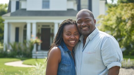 happy couple standing in front of their new house 