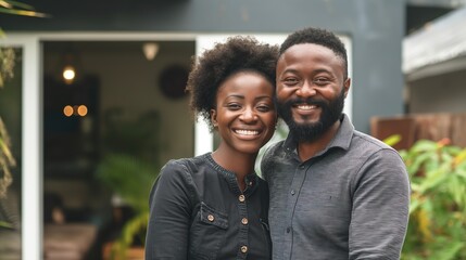 happy couple standing in front of their new house 