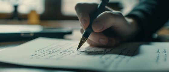 A poetic moment captured as a hand pens thoughts onto paper under moody lighting.