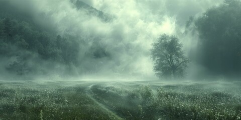 Fototapeta premium The ethereal mist dances across the Midsummer dawn, unveiling a world of enchantment and wonder.