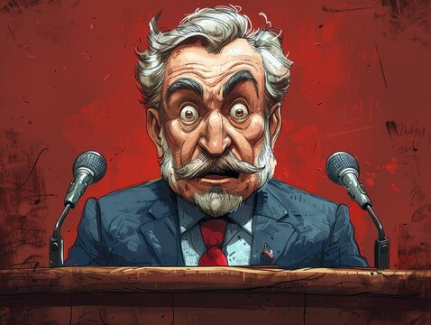 Cartoon politician making a speech, satirical and humorous