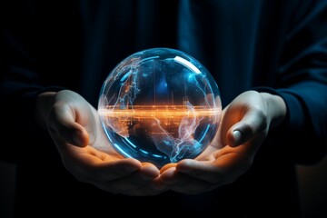 Balancing technology and humanity in ethical ai development: human hands cradle a luminous, transparent orb symbolizing artificial intelligence