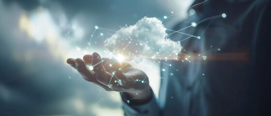 Hand conjuring a cloud connected with futuristic network lines.