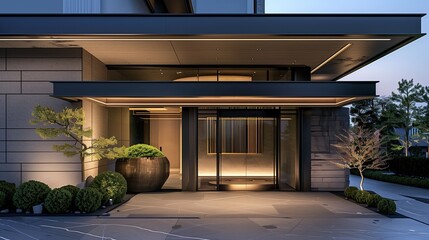 Sleek entrance with a cantilevered roof and a flush-mounted door handle