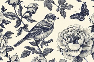 Seamless Floral Pattern with Peonies, Birds, and Butterflies
