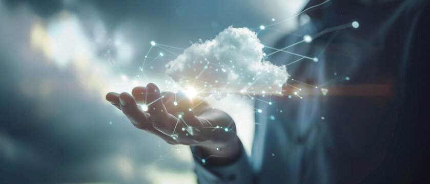 Hand conjuring a cloud connected with futuristic network lines.
