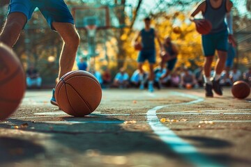 Group of young people playing basketball on the playground.