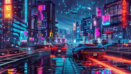 An oldschool scifi city with flying cars and neon lights glowing in retro pixelated patterns