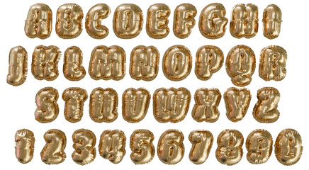 realistic isolated golden foil balloons font alphabet and numbers on transparent background.