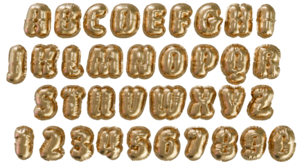 realistic isolated golden foil balloons font alphabet and numbers on transparent background.