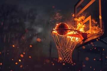 Burning fire basketball ring and ball in basketball hoop during game.