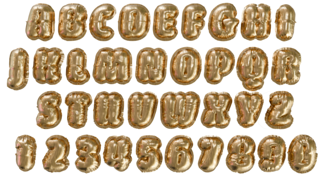 realistic isolated golden foil balloons font alphabet and numbers on transparent background.