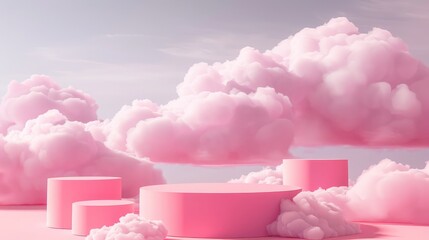 cloud background vector 3d pink rendering with podium and minimal cloud scene, minimal product display background 3d rendered geometric shape sky cloud pink podium. Stage 3d render product in platform