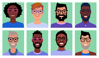 retrato de grupo de personas multicultural, set de personas multirracial, retratos gente diversa con fondo verde. - obrazy, fototapety, plakaty