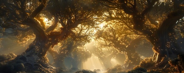 Ethereal Enchanted Forest Bathed in Mystical Sunlight and Shadows