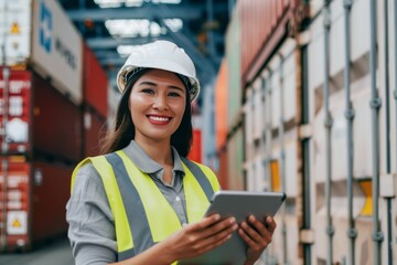 Smiling Female Engineer With Tablet Conducting Inventory at Busy Shipping Container Terminal During Daylight - Powered by Adobe