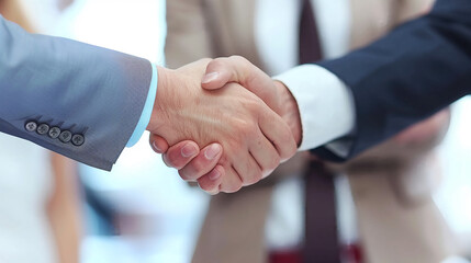 Successful business deal sealed with firm handshake between executives. Partnership successful
