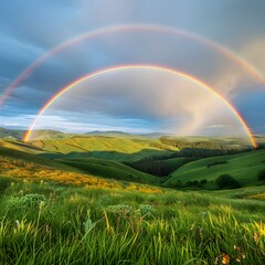 Naklejka premium Majestic Double Rainbow Arches Over Lush Green Valley After Spring Shower