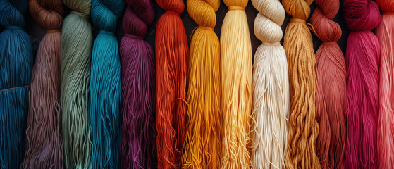 Silk yarn is dyed with natural dyes hanging to dry after traditional dye process