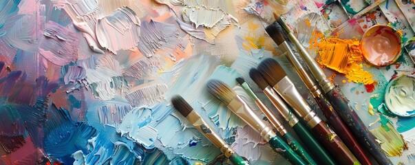 An overhead view of an artists palette filled with softhued paints and gentle watercolor brushes