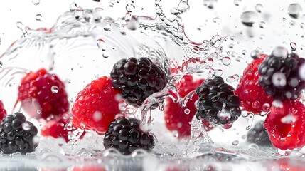 Blackberries and raspberries colliding in mid-air vibrant fruit splash