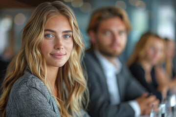 Obraz premium Confident businesswoman corporate meeting, team members discussion. Professional office setting