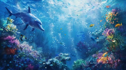 Fototapeta premium An underwater scene in shades of blue, where marine life appears to blend seamlessly into its environment