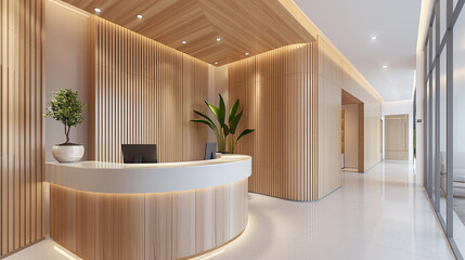 Dental clinic reception design, sleek minimal style interior wood, professional oral healthcare