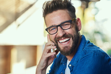 Happy, news and portrait of man with phone call, announcement and listening to info with smile....