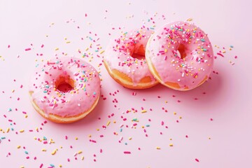 Pink Frosted Donuts Sprinkled With White Nonpareils on a Pastel Pink Surface