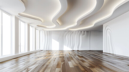 Simple white ceiling paired with wooden flooring.