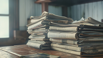 Stacks of unread newspapers, a collective chronicle of events silent in their historical repose.