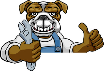 A bulldog cartoon animal mascot plumber, mechanic or handyman builder construction maintenance contractor peeking around a sign holding a spanner or wrench and giving a thumbs up