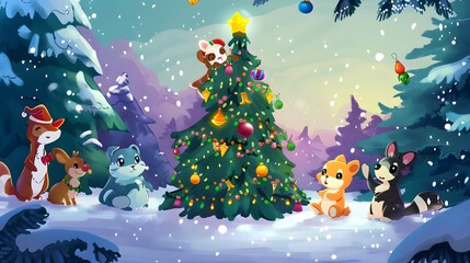 Animated animals celebrating around a festive Christmas tree